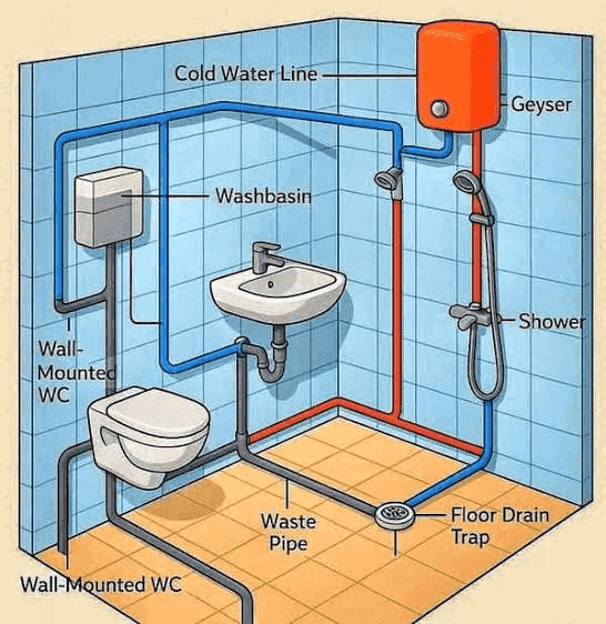 Bathroom layout showing cold water line, geyser, wall-mounted WC, shower and floor drain trap