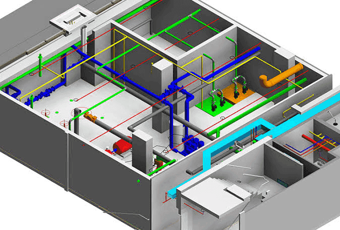 3D model of a building services floor with colour-coded pipe systems