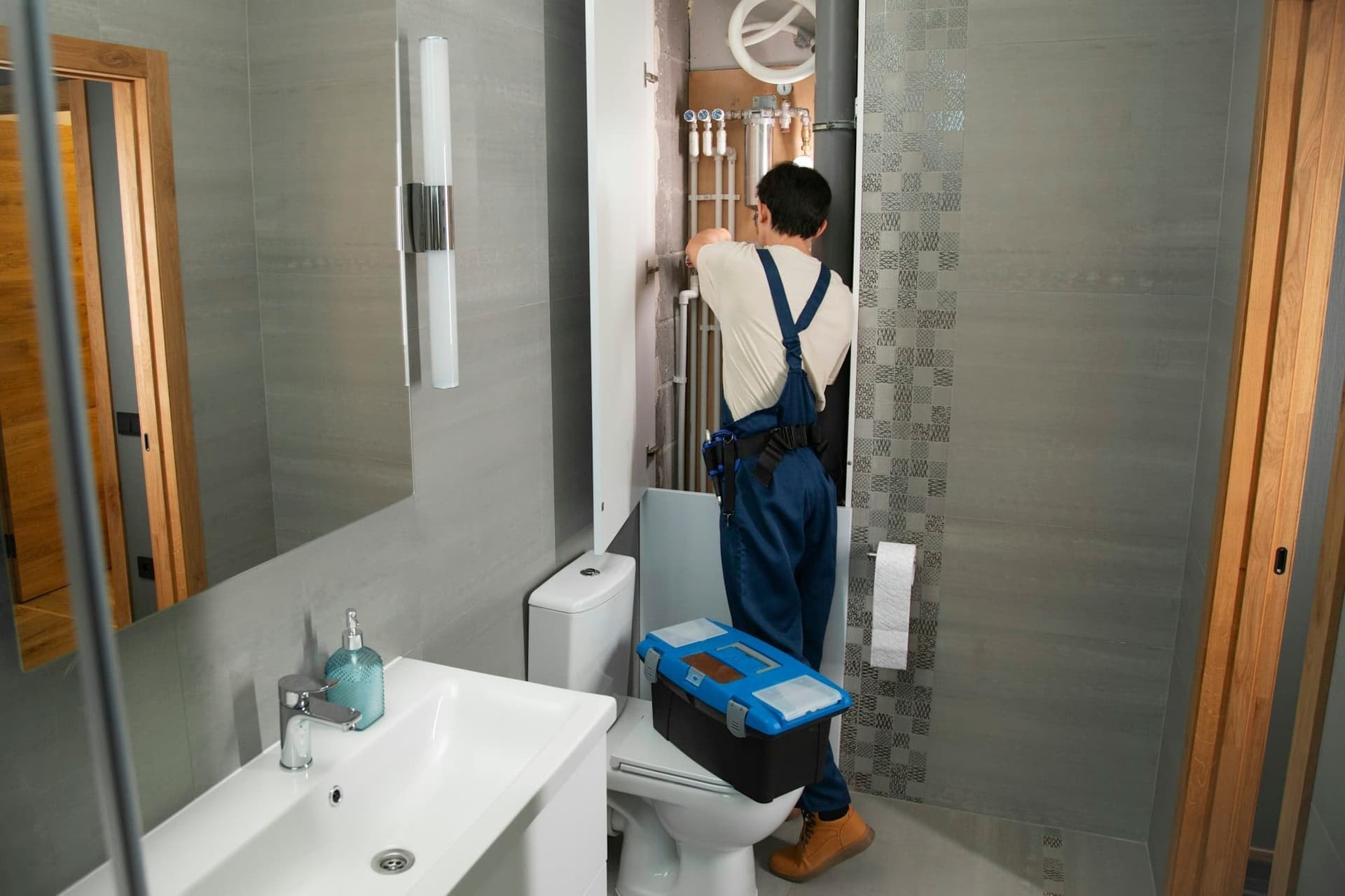 Plumber repairing plumbing in a bathroom